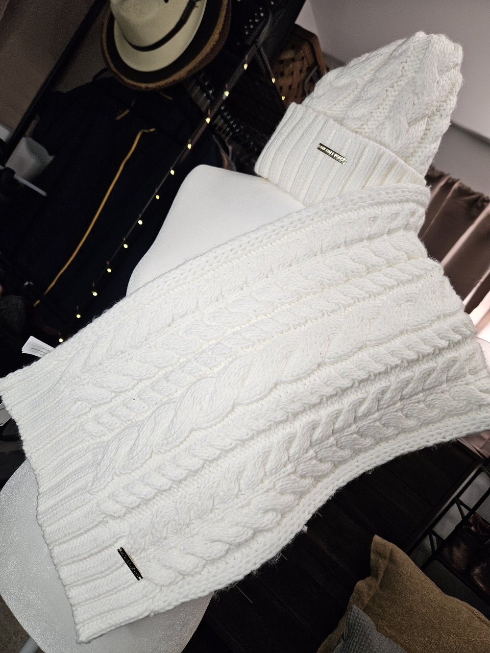 Michael Kors Cream Cable Knit Beanie and Scarf Set